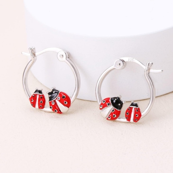 Jewelry - Lady Bug Hoop Earrings Silver